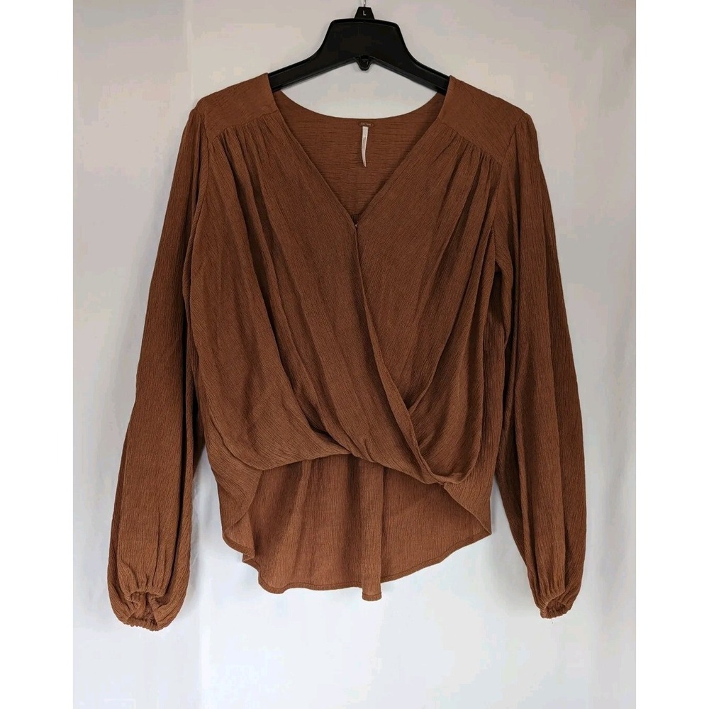 Free People Blouse Women XS  Terracotta Draped Cross High Low Top Bubble Sleeves